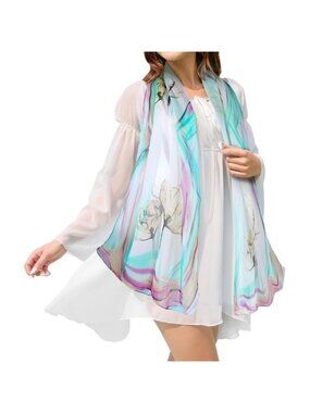 Women's Lake Green Fashion Lightweight Head Scarf Floral Print Chiffon Scarves